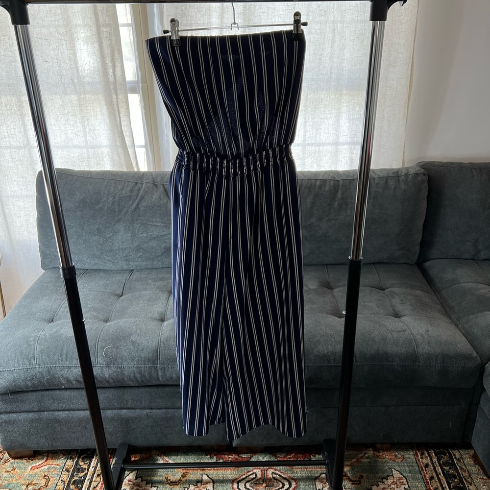Lulus Saltwater and Sun Navy Blue Striped Strapless Midi Jumpsuit